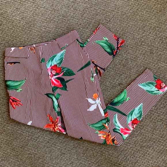 Red Striped Floral Stretch Skinny Pants Size 2 - Picture 2 of 5